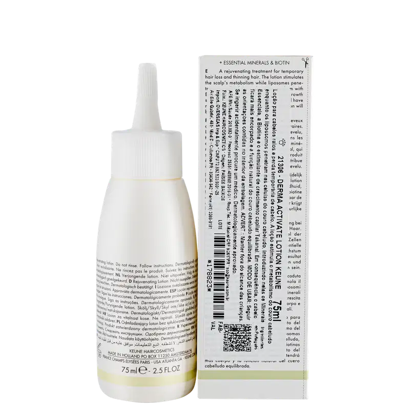 Frasco branco de loção ativadora Keune Care Derma Activate, com rótulo em preto e amarelo, apresentando informações sobre o produto.
