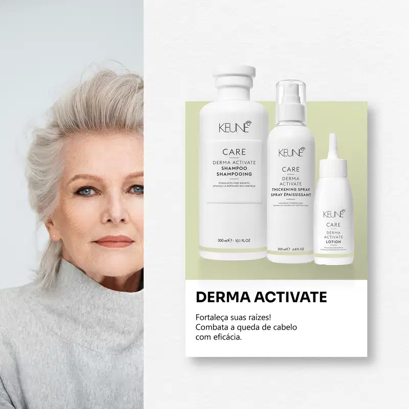 Frasco branco de loção ativadora Keune Care Derma Activate, com rótulo em preto e amarelo, apresentando informações sobre o produto.