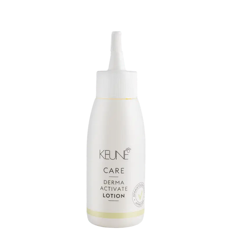 Frasco branco de loção ativadora Keune Care Derma Activate, com rótulo em preto e amarelo, apresentando informações sobre o produto.