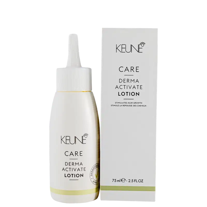 Frasco branco de loção ativadora Keune Care Derma Activate, com rótulo em preto e amarelo, apresentando informações sobre o produto.