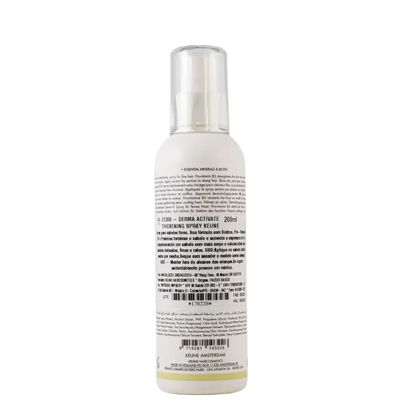 Frasco branco de 200 ml da linha Care da Keune, contendo o Spray Ativador de Espessura Derma Activate. O rótulo apresenta o nome do produto e sua função de volumizar os fios finos.