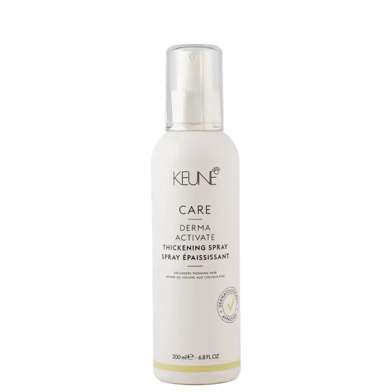 Frasco branco de 200 ml da linha Care da Keune, contendo o Spray Ativador de Espessura Derma Activate. O rótulo apresenta o nome do produto e sua função de volumizar os fios finos.