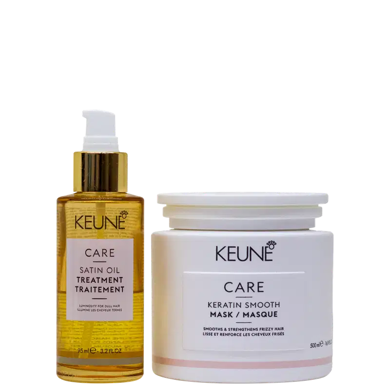 Dois produtos da marca Keune: um frasco de óleo de tratamento Satin Oil Treatment e um pote de máscara Keratin Smooth Mask, ambos em embalagens brancas e douradas.