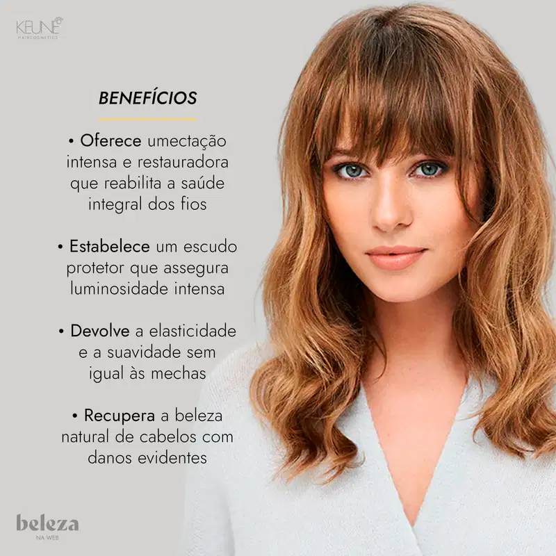 A imagem apresenta uma mulher com cabelos longos e ondulados, em um fundo neutro, com informações sobre os benefícios de um produto da marca Keune, que promete umectação intensa e restauração da saúde dos fios.