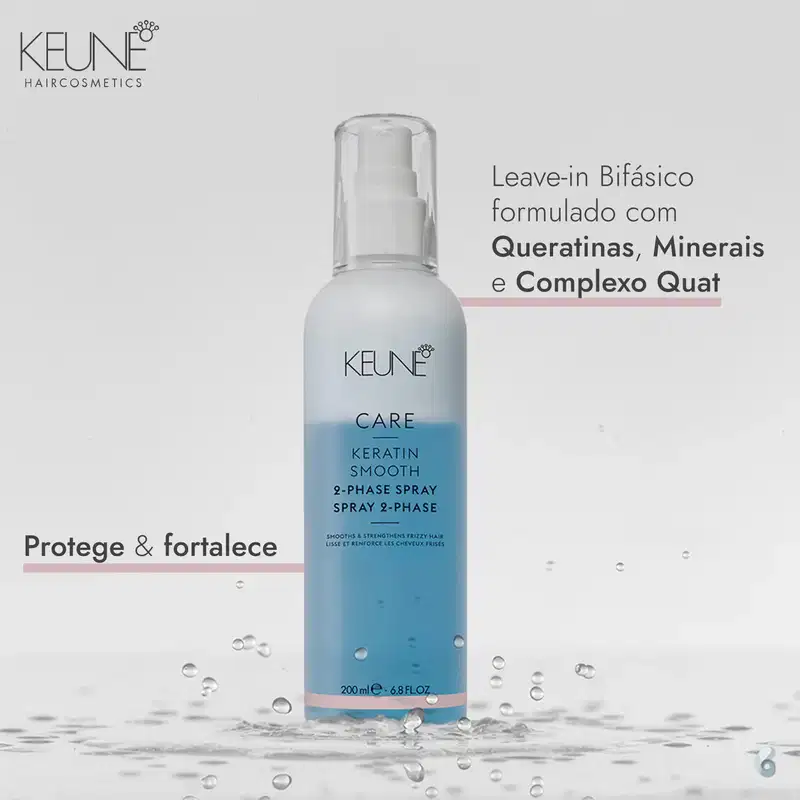 Frasco de spray bifásico da linha Keratin Smooth da Keune, contendo fórmula com queratina, minerais e complexo Quat, para proteger e fortalecer os cabelos.