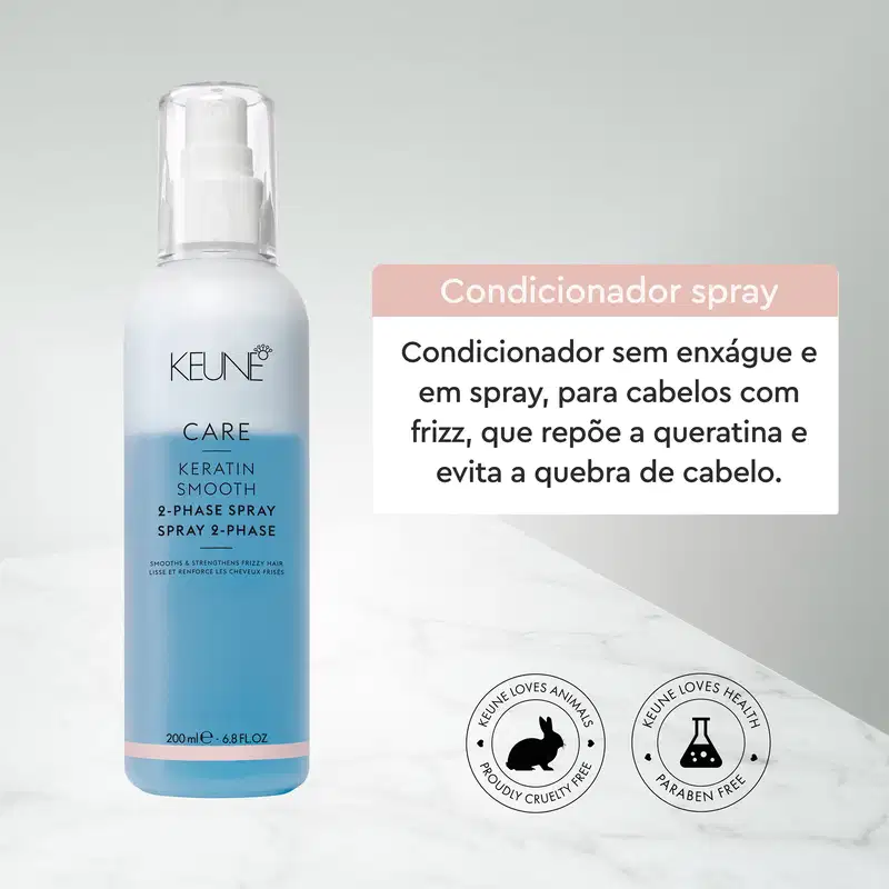 Condicionador spray Keune, em embalagem branca e azul, com informações sobre seus benefícios para cabelos com frizz. O produto é apresentado em um ambiente minimalista, com fundo claro e símbolos indicando que é livre de parabenos e não testado em animais