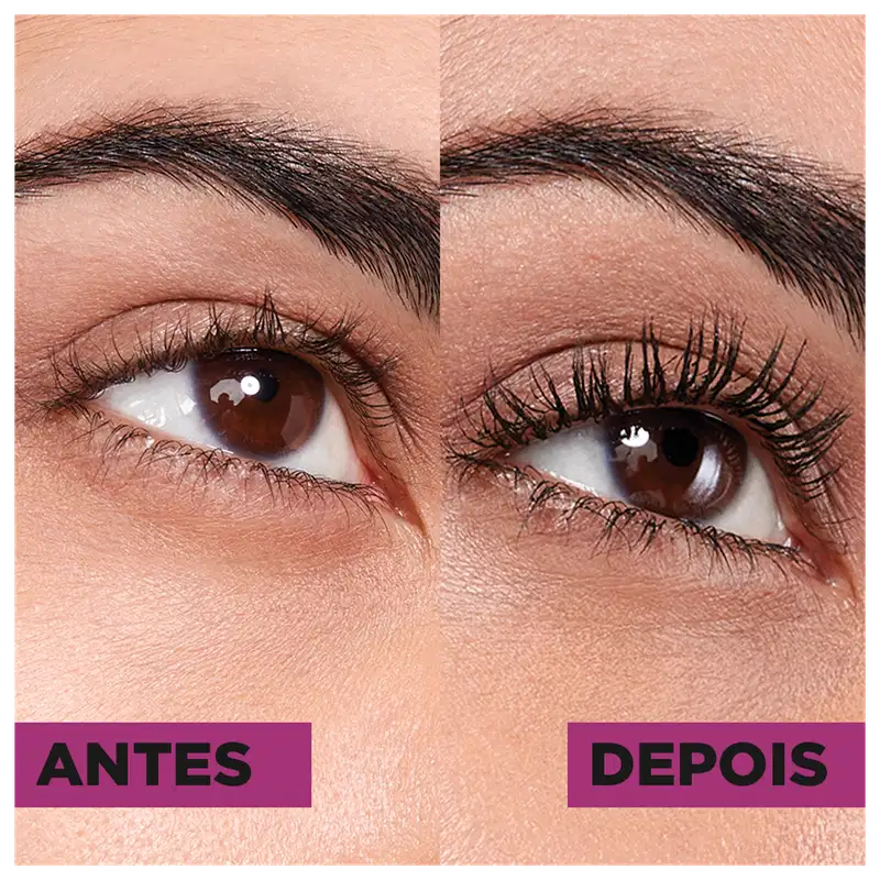 Na parte "Antes", mostra um olho de perto com cílios naturais. Na parte "Depois", o mesmo olho é exibido com os cílios visivelmente mais longos, curvados e volumosos, aparentemente após o uso do produto de maquiagem para cílios.