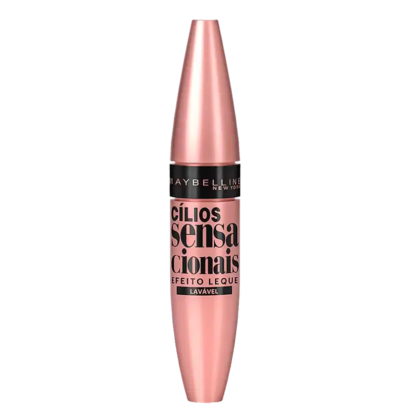 Embalagem cônica alongada na cor rosa.  "Cilios Sensacionais Efeito Leque Lavável" escrito em letras pretas.