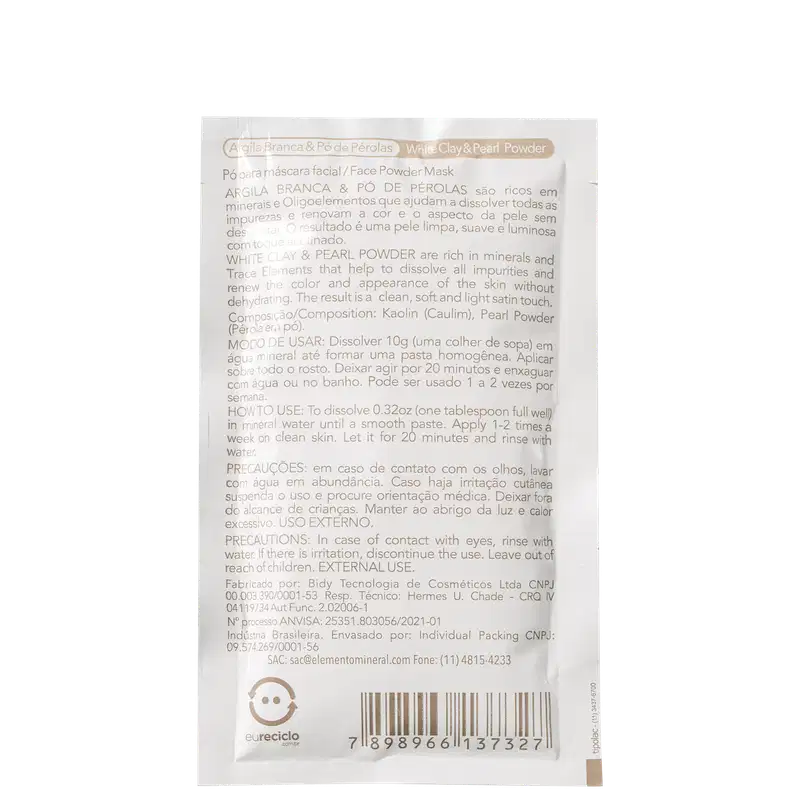 Elemento Mineral Argila Branca & Pó de Pérolas - Máscara Facial 30g