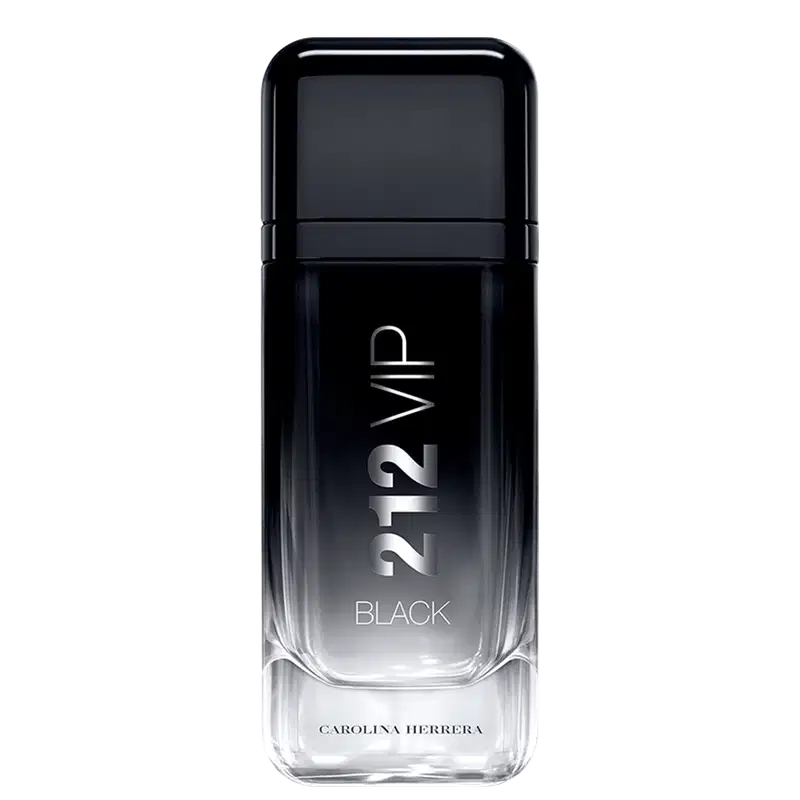 Frasco preto e transparente do perfume masculino 212 VIP Black da Carolina Herrera, com o nome do produto e da marca em destaque.
