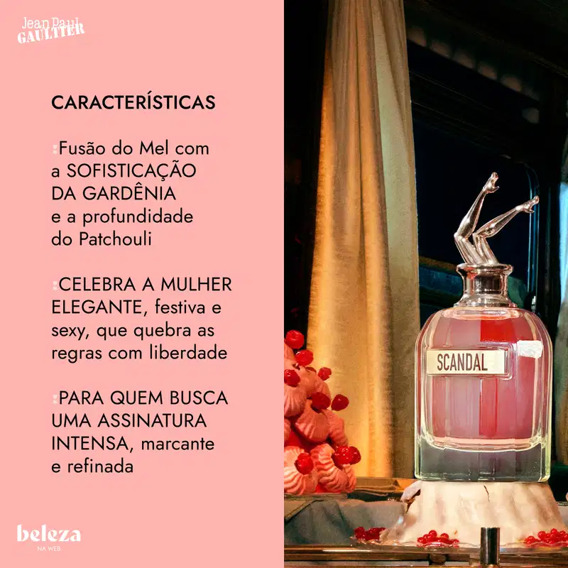Frasco de vidro com tampa dourada contendo item de perfumaria da marca Jean Paul Gaultier, com nome "Scandal" em destaque.