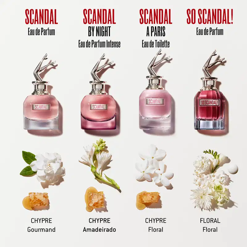 Quatro frascos de perfumes da linha Scandal da Jean Paul Gaultier, com diferentes variações como Eau de Parfum, Eau de Toilette e Eau de Parfum Intense. Os frascos possuem design elegante e moderno, com cores predominantes de rosa e vermelho.