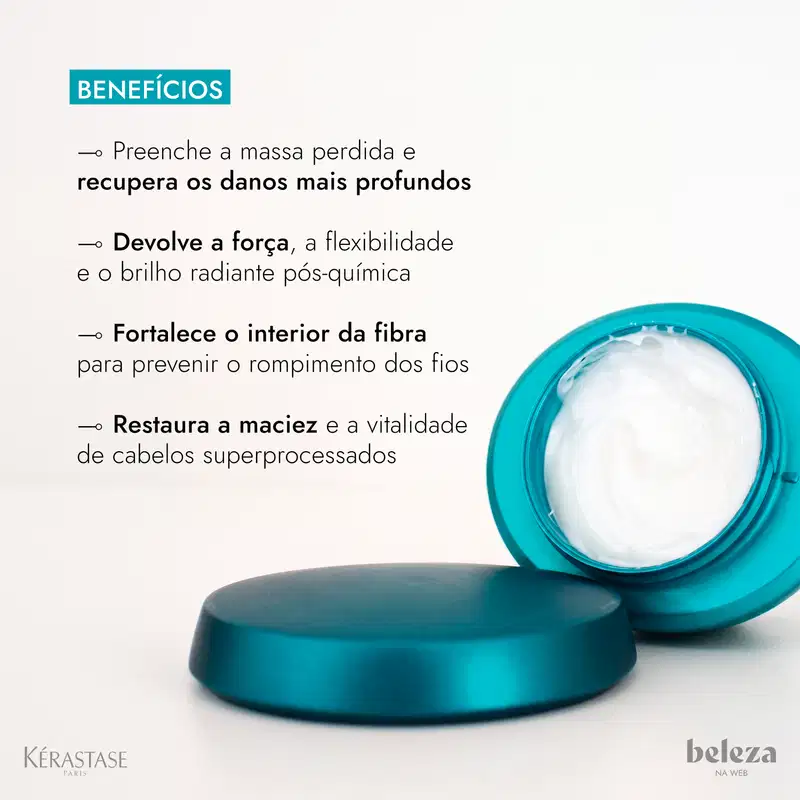Frasco de máscara terapêutica da linha Resistance da Kérastase, com embalagem em tons de azul e verde, contendo 200 ml do produto. Benefícios para cabelos como, devolver força e brilho, fortalecer fibra capilar e restaurar maciez e vitalidade.