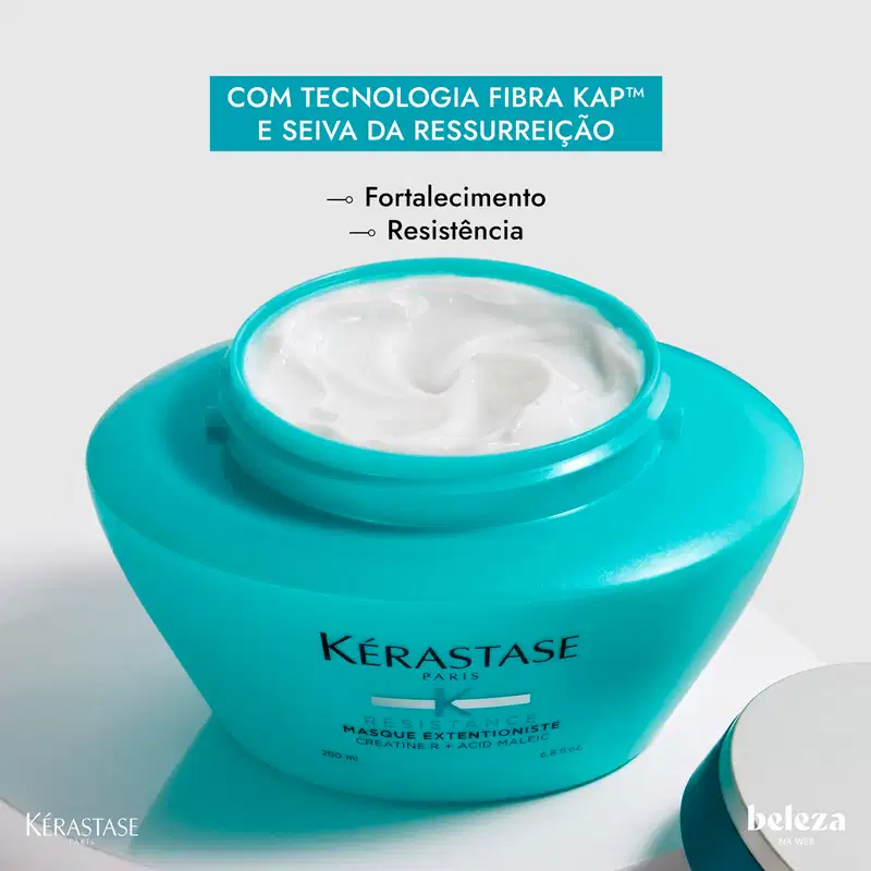 Frasco de máscara terapêutica da linha Resistance da Kérastase com textura cremosa e cor azul turquesa, contendo texto "COM TECNOLOGIA FIBRA KAP E SEIVA DA RESSURREIÇÃO". "Fortalecimento" e "Resistência".