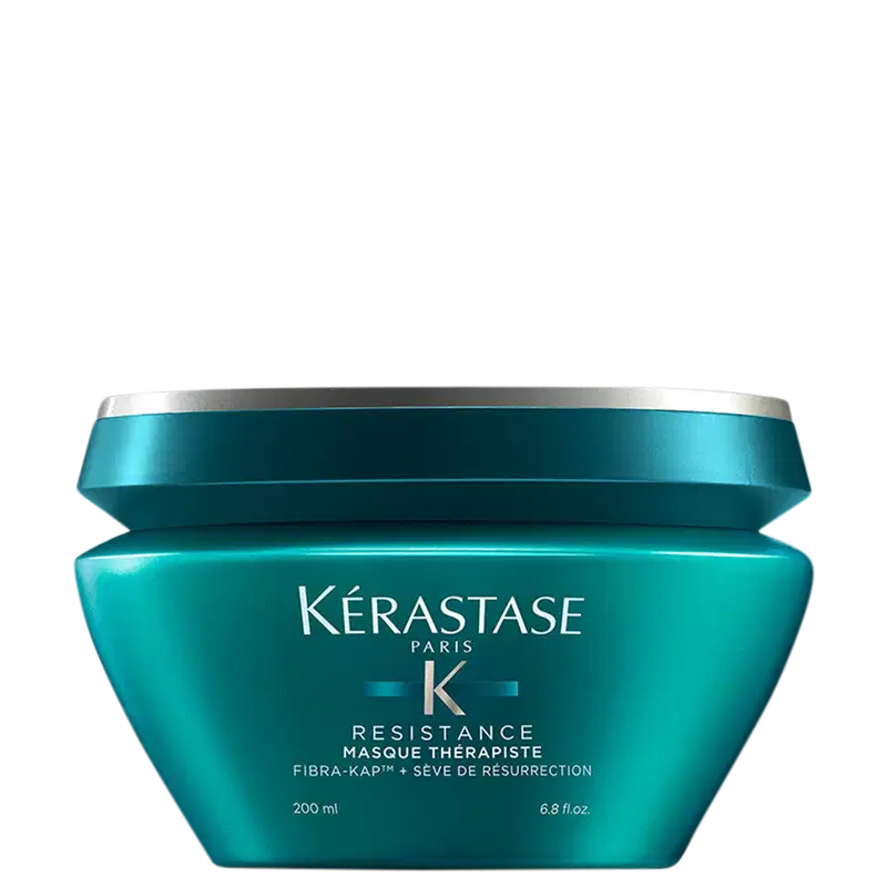Frasco de máscara terapêutica da linha Resistance da Kérastase, com embalagem em tons de azul e verde, contendo 200 ml do produto.