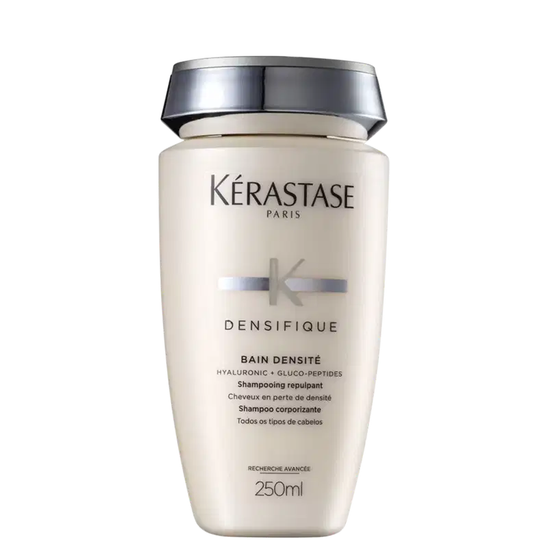 Frasco de shampoo Kérastase Densifique Bain Densite, com 250ml de capacidade, em embalagem branca e prata, com rótulo destacando os ingredientes-chave de ácido hialurônico e gluco-peptídeos.