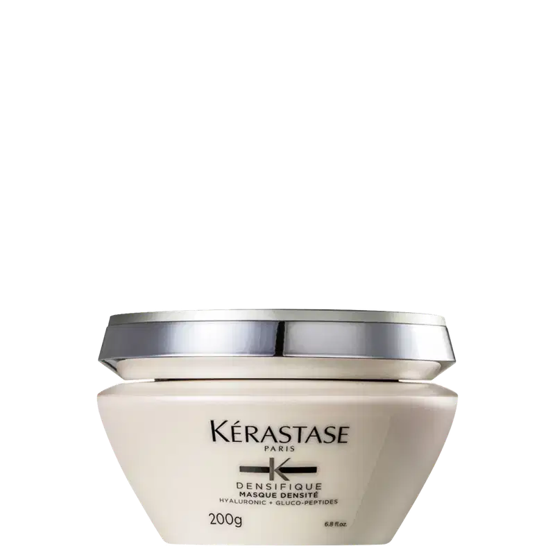 Embalagem branca e prata de máscara capilar Kérastase Densifique, com 200g de produto. Rótulo com nome da marca e informações sobre os ingredientes.