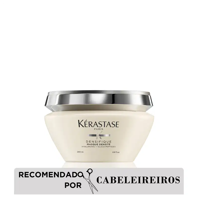 Embalagem branca e prata de máscara capilar Kérastase Densifique, com 200g de produto. Rótulo com nome da marca e informações sobre os ingredientes.
