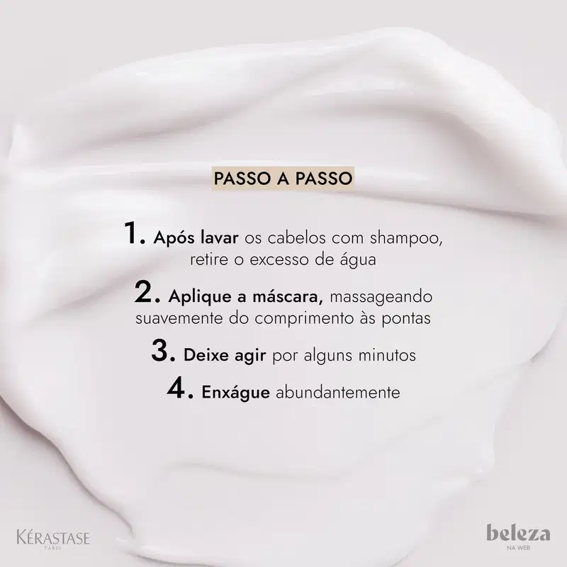A textura do produto Kérastase é suave, sedosa e delicada, com uma aparência leve e fluida, transmitindo uma sensação de maciez e hidratação aos cabelos.