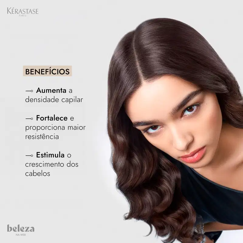 Embalagem branca e prata de máscara capilar Kérastase Densifique, com 200g de produto. Rótulo com nome da marca e informações sobre os ingredientes.