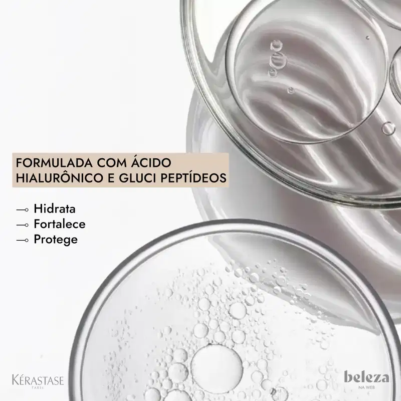 Embalagem branca e prata de máscara capilar Kérastase Densifique, com 200g de produto. Rótulo com nome da marca e informações sobre os ingredientes.