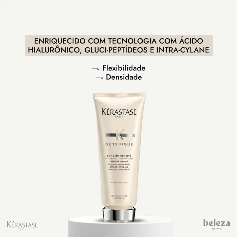 Embalagem de produto para cabelos da marca Kérastase com texto "Enriquecido com tecnologia com ácido hialurônico, glúci-peptídeos e intra-cylane" e "Flexibilidade, Densidade".