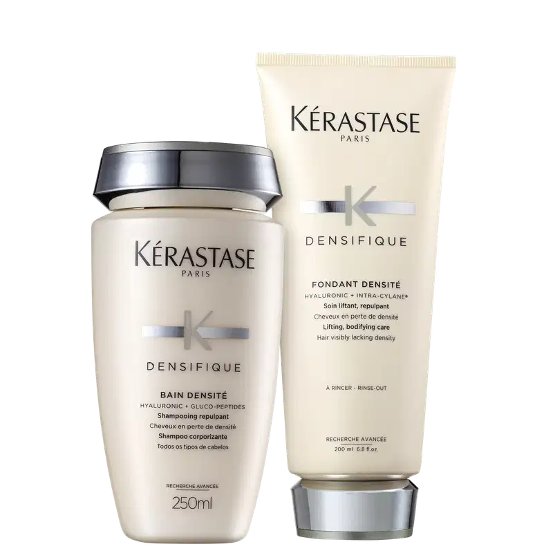 Dois produtos da marca Kérastase Paris: um frasco de Bain Densité, shampoo para cabelos com perda de densidade, e um tubo de Fondant Densité, tratamento lifting e reparador para cabelos com densidade reduzida.
