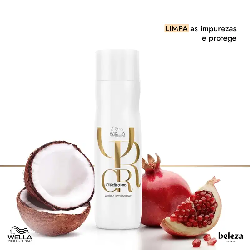 Frasco branco de shampoo da linha Wella Reflections, com rótulo dourado. Ao lado, uma romã vermelha e uma metade de coco branco, indicando os ingredientes naturais do produto.