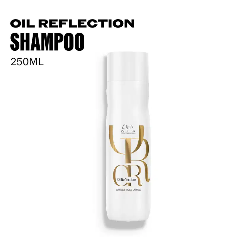 Frasco branco de 250 ml de Shampoo Oil Reflection da linha Wella Professionals, com rótulo em preto e dourado destacando o nome do produto e a marca.