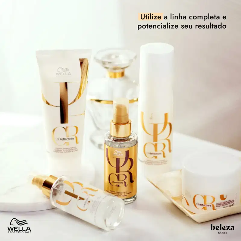 Produtos da linha Wella Professionals Oil Reflections, incluindo um frasco de óleo capilar, um creme e embalagens com design dourado e branco.