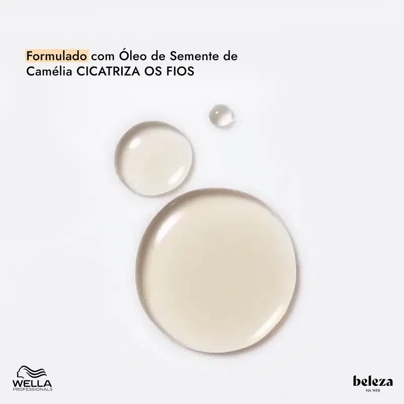 Produto formulado com óleo de semente de camelia, que cicatriza os fios, em embalagem com design minimalista e cores claras, da marca Wella Professionals.