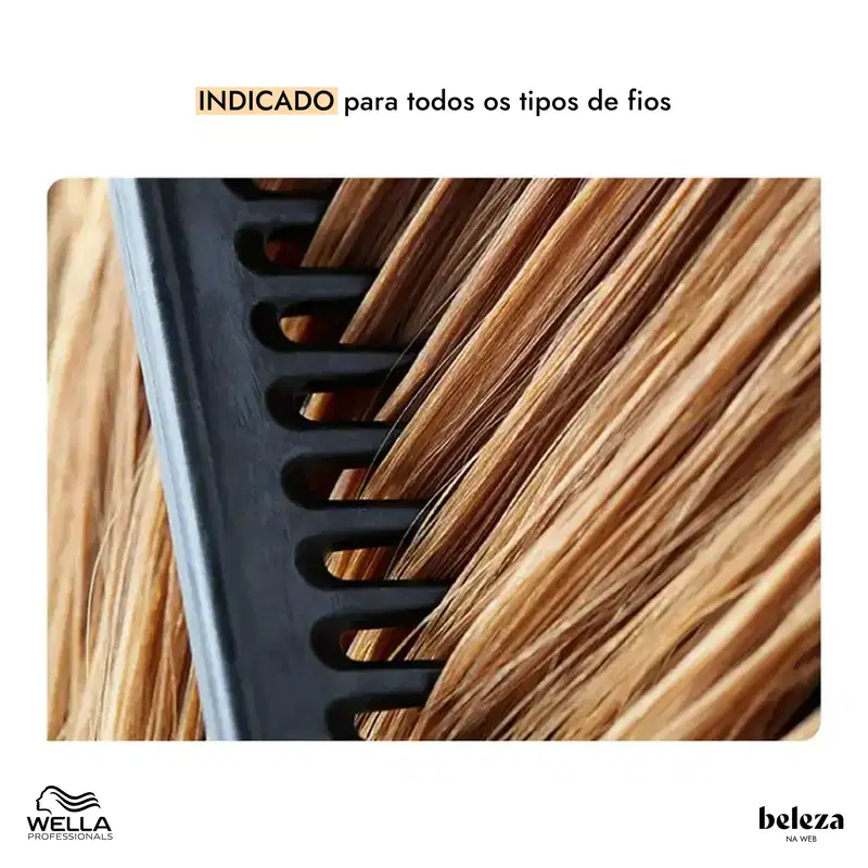 O produto apresentado é um indicador para diferentes tipos de cabelos, com uma imagem mostrando mechas de cabelo em tons de loiro e castanho. O texto indica que o produto é da marca Wella Professionals.
