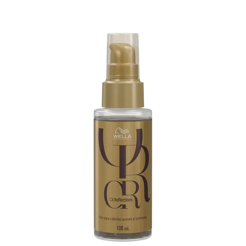Frasco de óleo para cabelos da linha Oil Reflections da Wella Professionals, com embalagem dourada e prata, contendo 100 ml do produto.