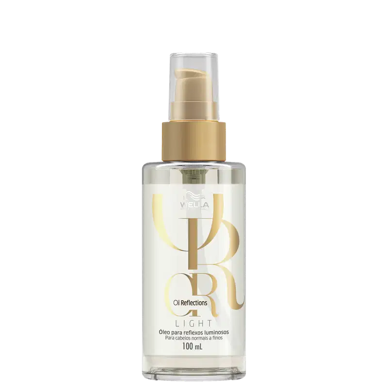 Frasco de óleo Oil Reflections Light da Wella Professionals. Embalagem transparente com tampa dourada, contendo 100 ml do produto.