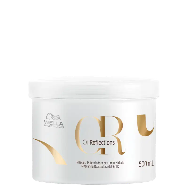 Pote branco com rótulo dourado e preto da linha Oil Reflections da Wella Professionals, contendo 500 ml de máscara potencializadora de luminosidade.