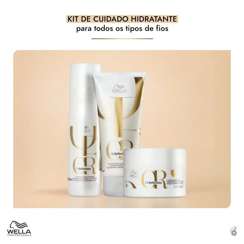 Produtos da linha Oil Reflections da Wella Professionals, incluindo shampoo, condicionador e máscara, em embalagens brancas com detalhes dourados, exibindo o logotipo da marca.