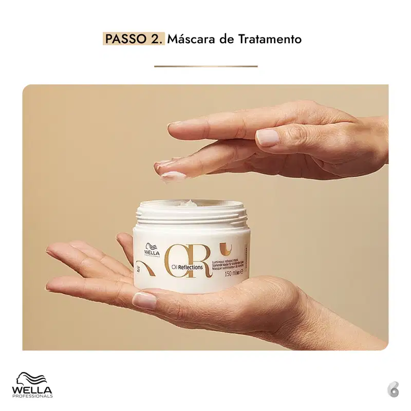 Trata-se de um pote de máscara de tratamento da linha Wella Professionals Oil Reflections, com embalagem branca e rótulo dourado, contendo 150 ml do produto.