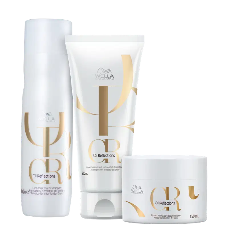 Produtos da linha Oil Reflections da Wella Professionals, incluindo shampoo, condicionador e máscara, em embalagens brancas com detalhes dourados, exibindo o logotipo da marca.
