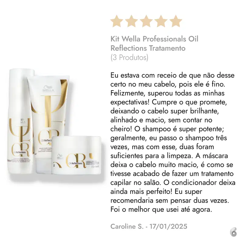 Kit Wella Professionals Oil Reflections Tratamento com 3 produtos em embalagens brancas e douradas, incluindo shampoo, máscara e condicionador, com estrelas douradas indicando avaliação positiva.