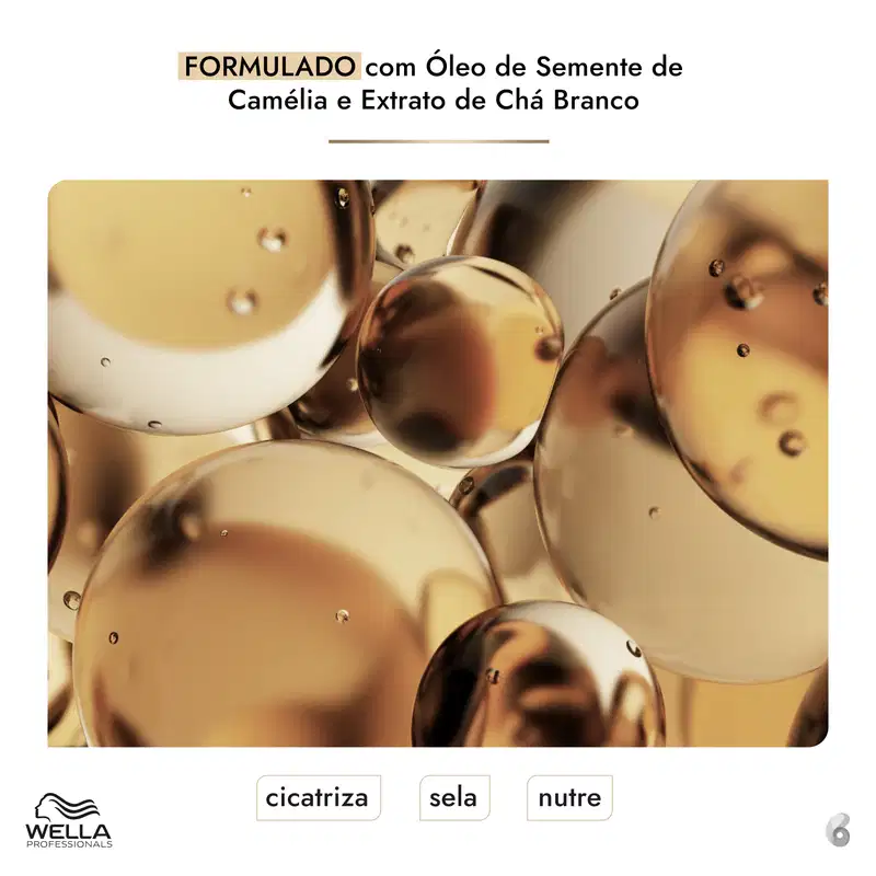 Ambiente de produtos de beleza da marca Wella Professionals, com frascos de óleo de semente de camelia e extrato de chá branco em primeiro plano, em tons dourados e marrons, sugerindo um contexto de cuidados e tratamento capilar.