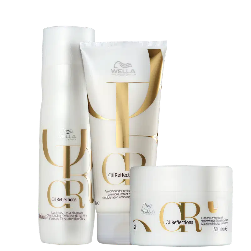 Produtos da linha Oil Reflections da Wella Professionals, incluindo shampoo, condicionador e máscara, em embalagens brancas com detalhes dourados, exibindo o logotipo da marca.
