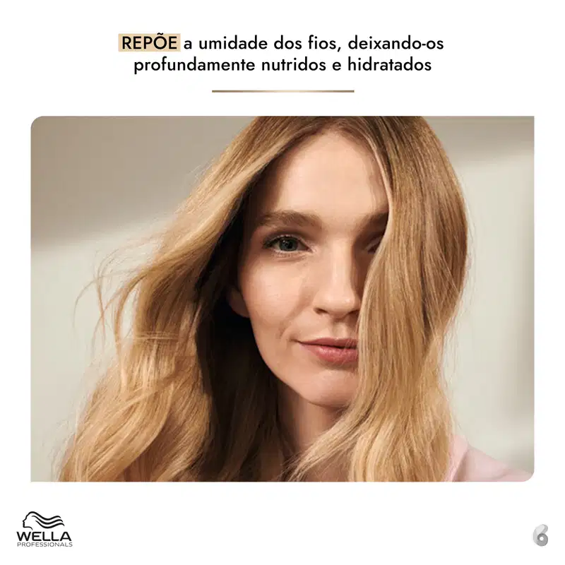 A imagem mostra uma mulher com cabelos loiros ondulados, em um ambiente neutro, promovendo um produto da marca Wella Professionals que nutre e hidrata profundamente os fios.