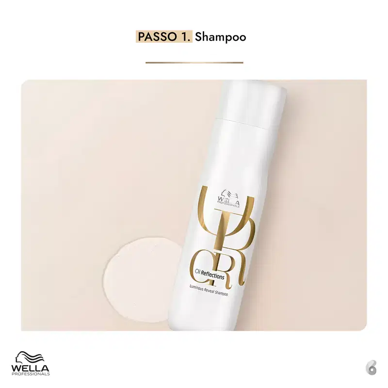 O produto apresentado é um frasco de shampoo da linha Wella Reflections, com embalagem branca e detalhes dourados, exibindo o logotipo da marca e o nome do produto "Luminous Reveal Shampoo".
