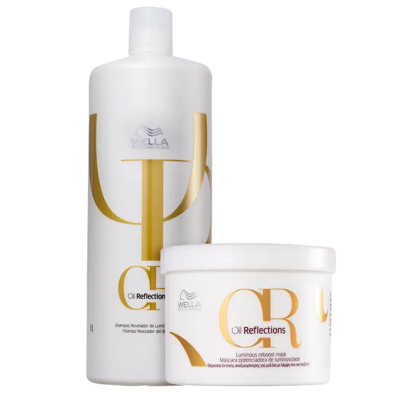 Dois produtos da linha Oil Reflections da Wella Professionals: um frasco branco de 1 litro de shampoo e um pote branco de máscara potencializadora de luminosidade. Ambos apresentam detalhes em dourado no rótulo.