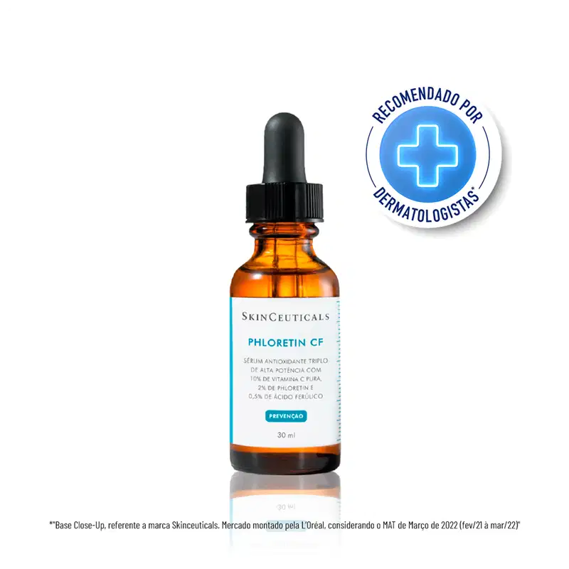 Frasco de vidro âmbar com conta-gotas preto contendo o sérum antioxidante Phoretin CF da SkinCeuticals, com 10% de vitamina C pura, 2% de fhoretin e 0,5% de ácido ferúlico, recomendado por dermatologistas.