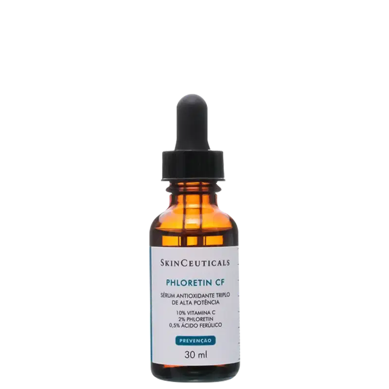 Frasco de vidro âmbar com conta-gotas preto contendo sérum antioxidante Phoretin CF da SkinCeuticals, com 10% de vitamina C, 2% de fórmula de alta potência.