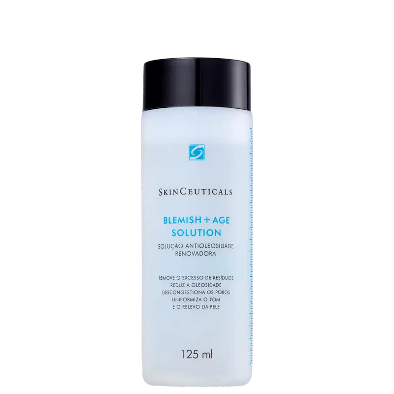 Frasco branco da linha SkinCeuticals Blemish + Age Solution, com rótulo azul e texto em inglês. Produto de 125 ml, destinado a solução antioleosidade, com fórmula renovadora.
