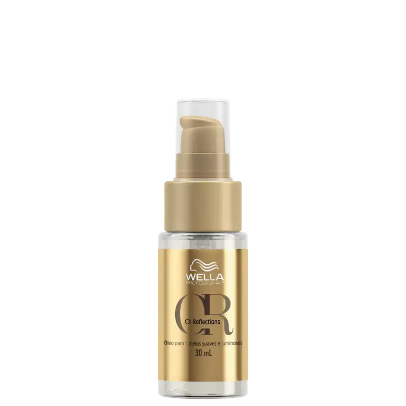 Frasco de óleo Oil Reflections da Wella Professionals, com embalagem dourada e branca, contendo 30 ml do produto.
