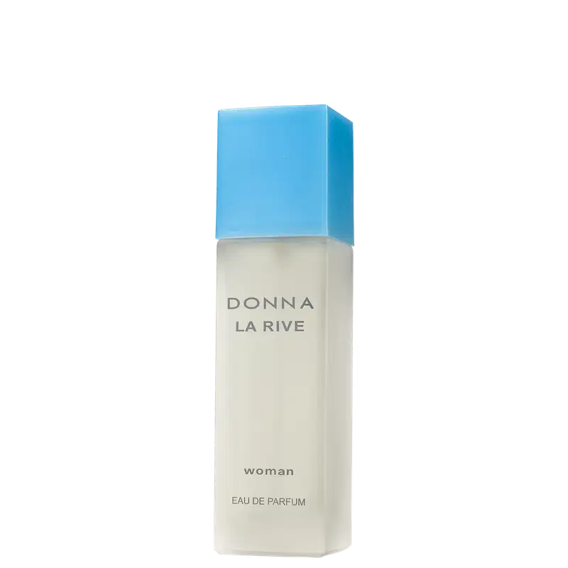Frasco de perfume da marca La Rive, com embalagem azul e branca, contendo o texto "DONNA LA RIVE" e "woman" em destaque. O produto é apresentado em um formato retangular simples e elegante.