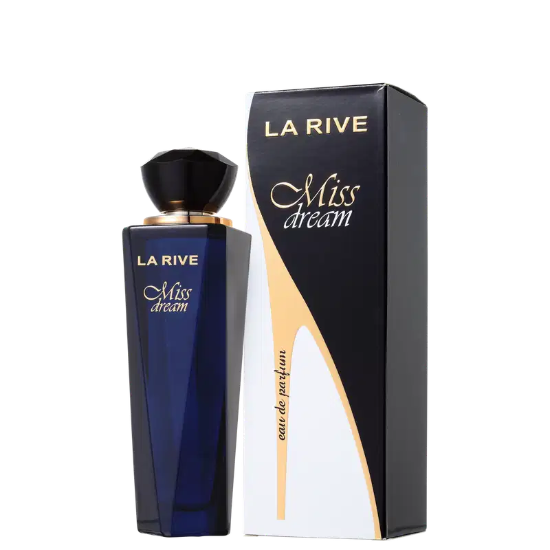 Perfume La Rive Miss Dream. Frasco de vidro azul escuro com tampa preta. Caixa retangular preta com detalhes dourados e o nome do perfume em letras cursivas brancas e douradas. Embalagem elegante e sofisticada com cores escuras e metálicas.